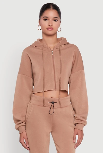 Womens Long Sleeve Zip Front Cropped Hoodie,