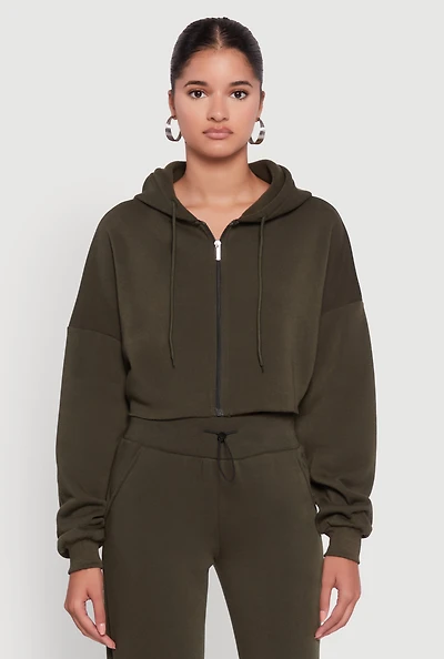 Womens Long Sleeve Zip Front Cropped Hoodie,