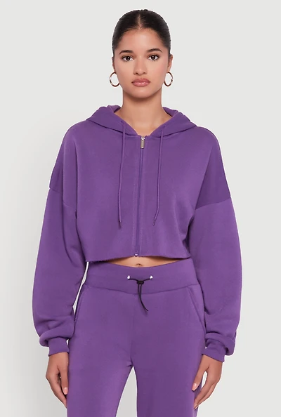 Womens Long Sleeve Zip Front Cropped Hoodie, Purple, Size M