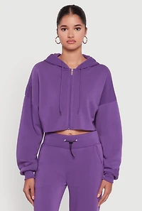 Womens Long Sleeve Zip Front Cropped Hoodie, Purple, Size M