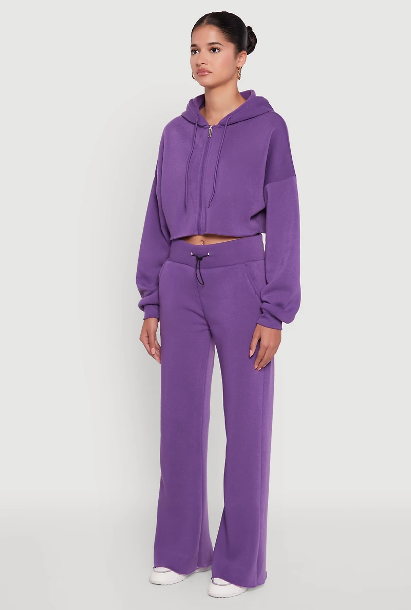 Womens Long Sleeve Zip Front Cropped Hoodie, Purple, Size M