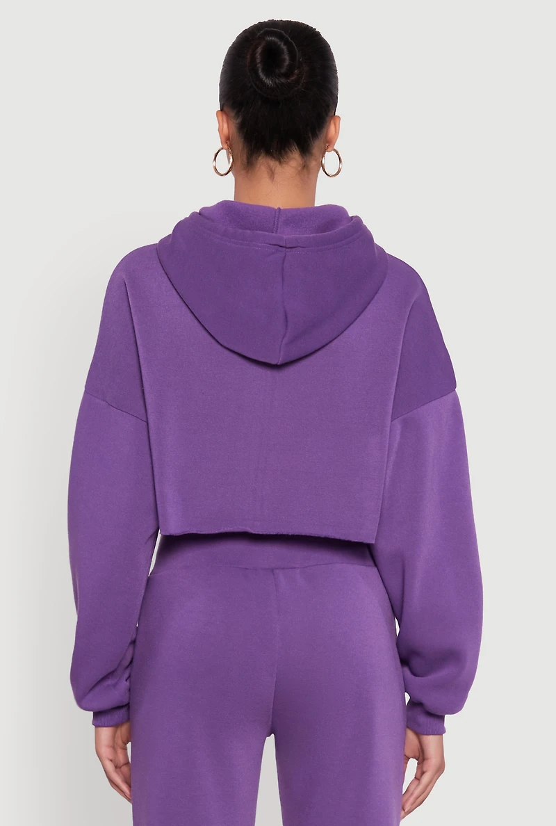 Womens Long Sleeve Zip Front Cropped Hoodie, Purple, Size M