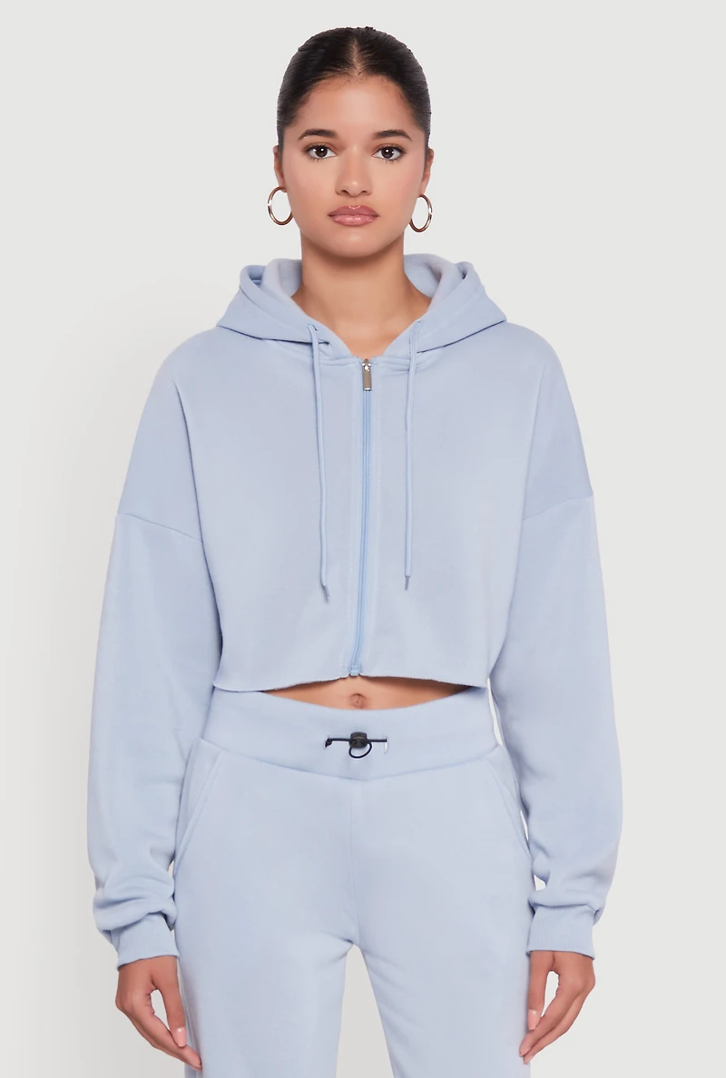 Womens Long Sleeve Zip Front Cropped Hoodie, L