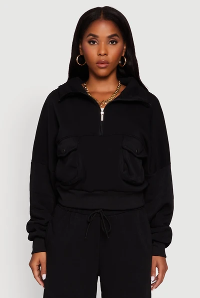 Womens Cargo Pocket Fleece Half Zip Pullover Sweatshirt,