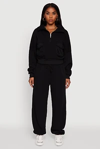 Womens Cargo Pocket Fleece Half Zip Pullover Sweatshirt,