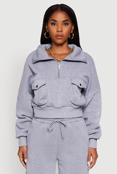 Womens Cargo Pocket Fleece Half Zip Pullover Sweatshirt,