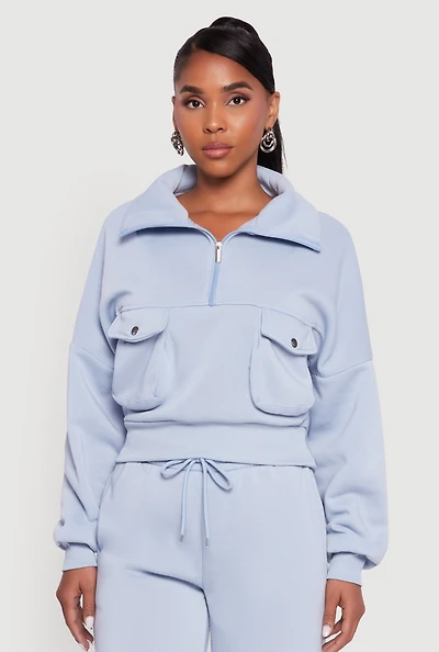 Womens Cargo Pocket Fleece Half Zip Pullover Sweatshirt,