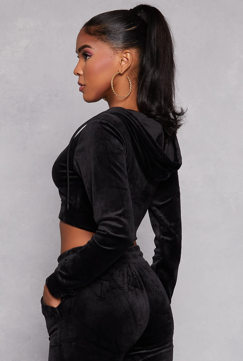 Womens Velour Zip Front Hoodie, Black, Size L