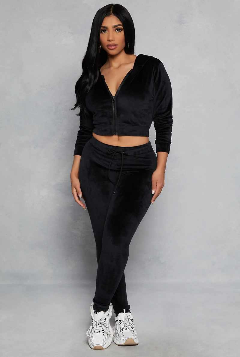 Womens Velour Zip Up Hooded Crop Top, Black, Size L