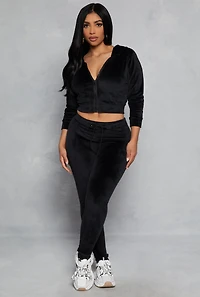 Womens Velour Zip Up Hooded Crop Top, Black, Size L