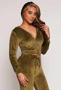 Womens Velour Zip Up Hooded Crop Top, Green, Size M