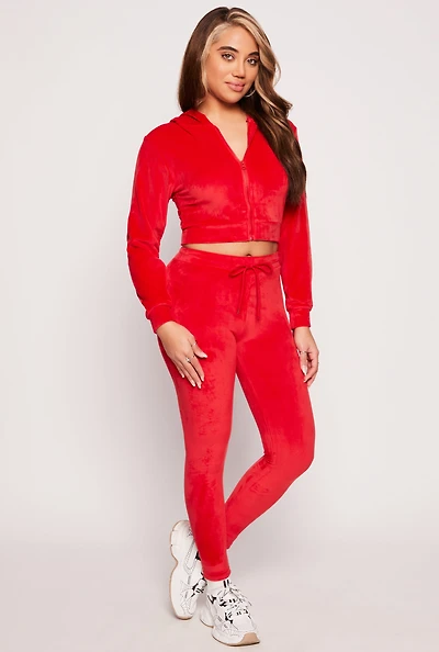 Womens High Waisted Velour Drawstring Pants, Red, Size L