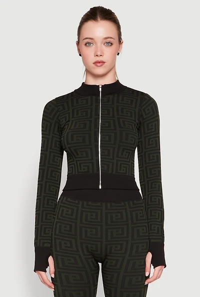 Womens Greek Key Mock Neck Track Jacket, Green, Size S