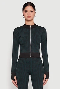 Womens Greek Key Mock Neck Track Jacket, Multi, Size L