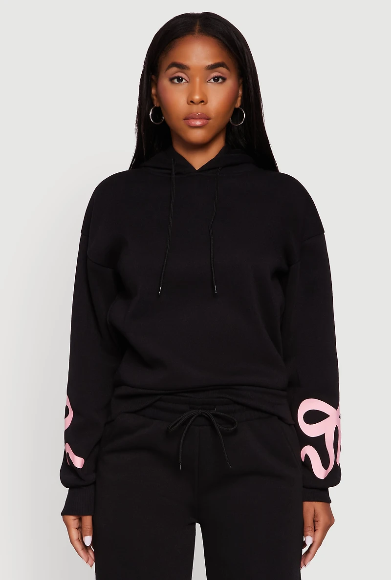 Womens Bow Graphic Pullover Drawstring Hooded Sweatshirt,