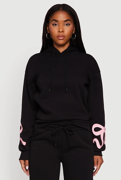 Womens Bow Graphic Pullover Drawstring Hooded Sweatshirt,