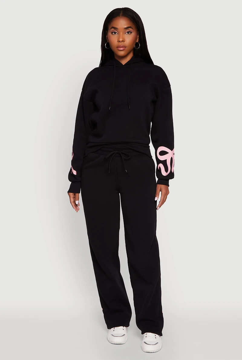 Womens Bow Graphic Pullover Drawstring Hooded Sweatshirt,