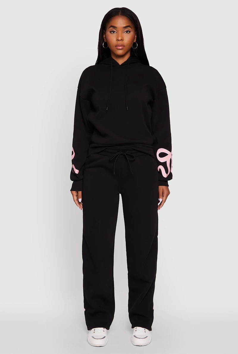 Womens Bow Graphic Pullover Drawstring Hooded Sweatshirt,