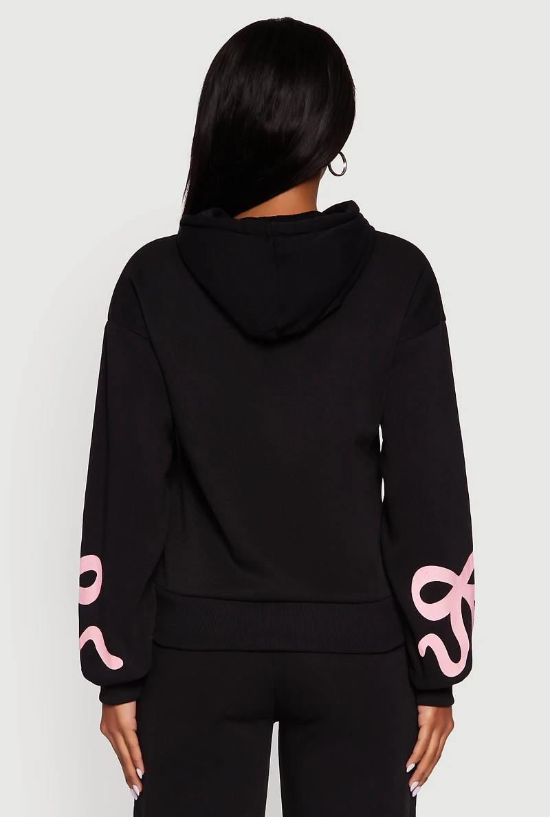 Womens Bow Graphic Pullover Drawstring Hooded Sweatshirt,