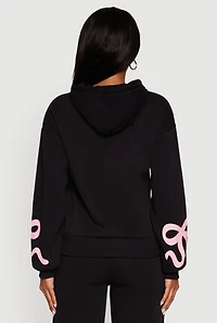 Womens Bow Graphic Pullover Drawstring Hooded Sweatshirt,