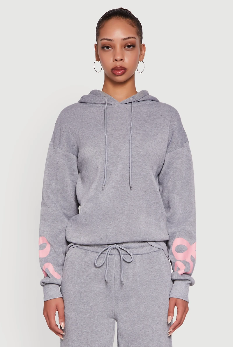 Womens Bow Graphic Pullover Drawstring Hooded Sweatshirt, Grey, Size XL