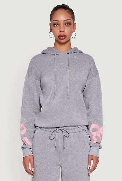 Womens Bow Graphic Pullover Drawstring Hooded Sweatshirt, Grey, Size XL