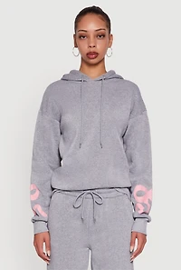 Womens Bow Graphic Pullover Drawstring Hooded Sweatshirt, Grey, Size XL