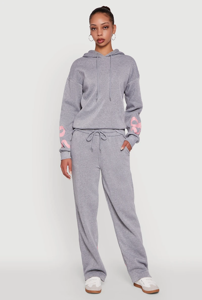 Womens Bow Graphic Pullover Drawstring Hooded Sweatshirt, Grey, Size XL