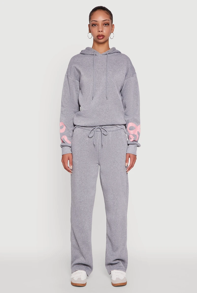 Womens Bow Graphic Pullover Drawstring Hooded Sweatshirt, Grey, Size XL