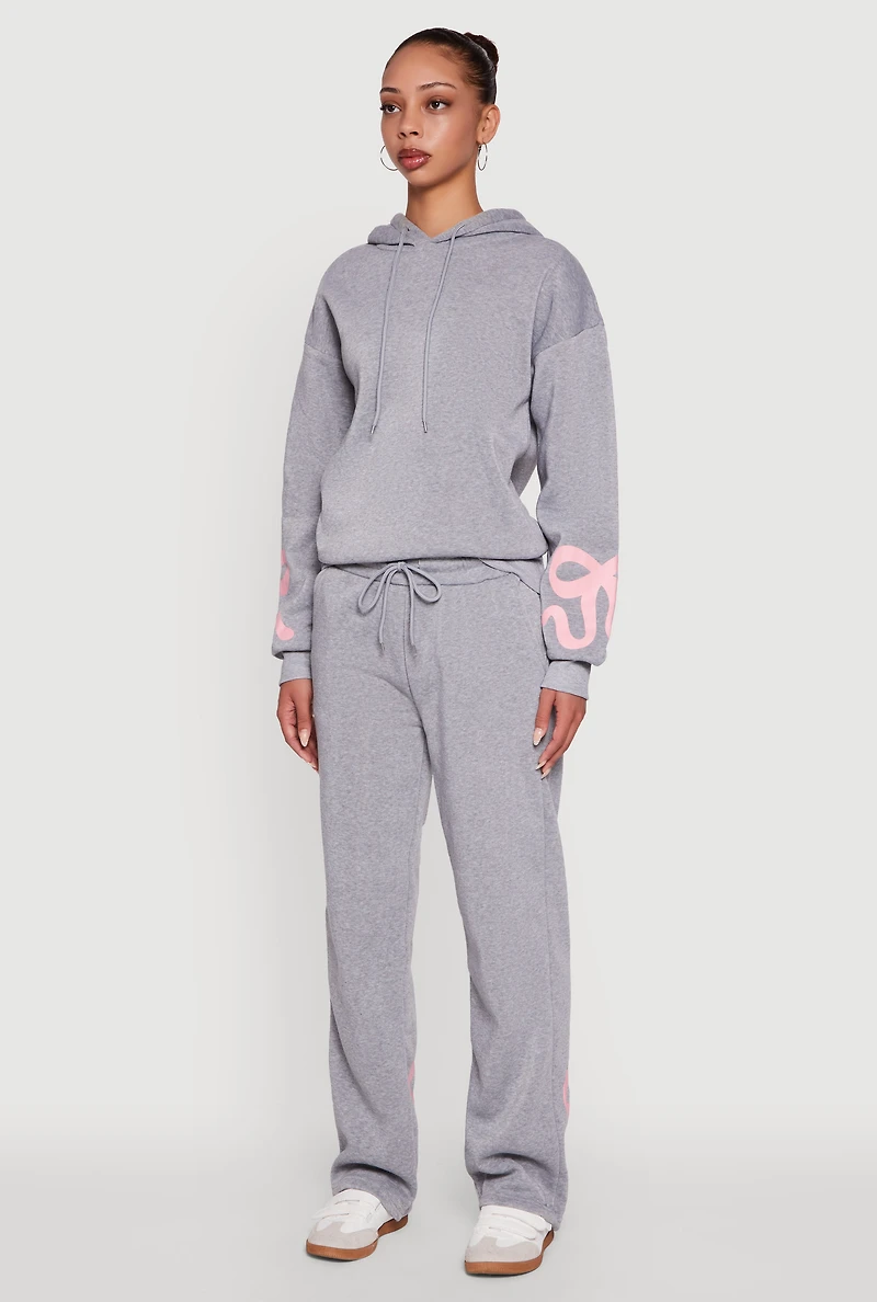 Womens Bow Graphic Pullover Drawstring Hooded Sweatshirt, Grey, Size XL