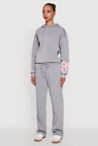 Womens Bow Graphic Pullover Drawstring Hooded Sweatshirt, Grey, Size XL