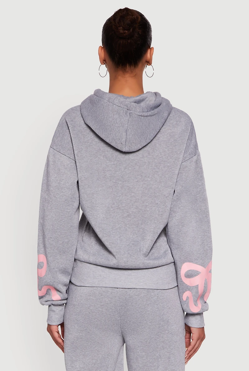 Womens Bow Graphic Pullover Drawstring Hooded Sweatshirt, Grey, Size XL