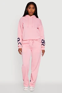 Womens Bow Graphic Pullover Drawstring Hooded Sweatshirt, Pink, Size L