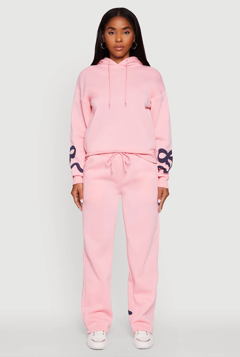 Womens Bow Graphic Pullover Drawstring Hooded Sweatshirt, Pink, Size L