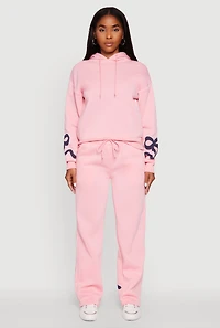 Womens Bow Graphic Pullover Drawstring Hooded Sweatshirt, Pink, Size L
