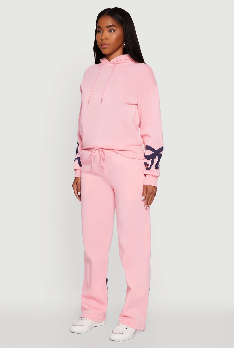 Womens Bow Graphic Pullover Drawstring Hooded Sweatshirt, Pink, Size L