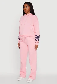 Womens Bow Graphic Pullover Drawstring Hooded Sweatshirt, Pink, Size L