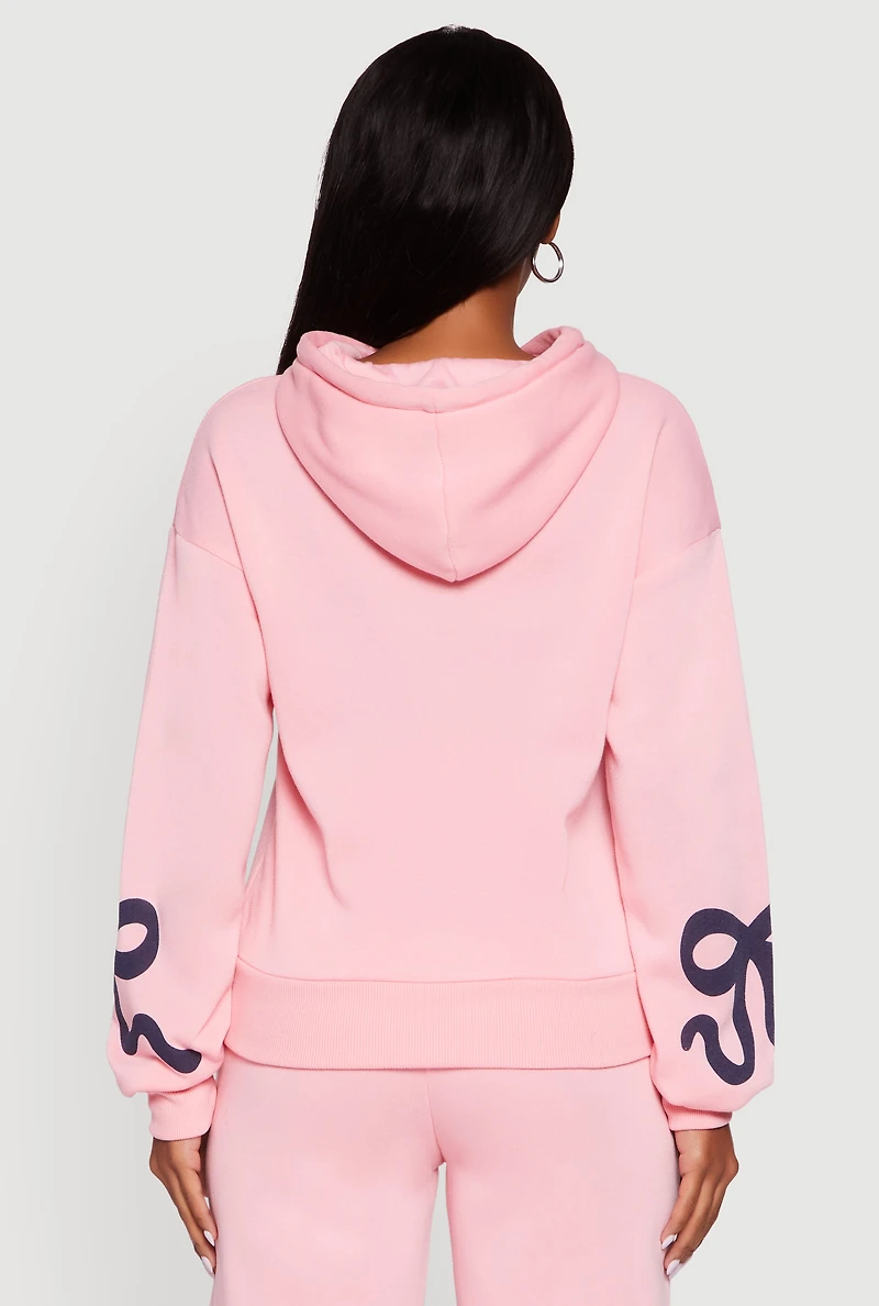 Womens Bow Graphic Pullover Drawstring Hooded Sweatshirt, Pink, Size L