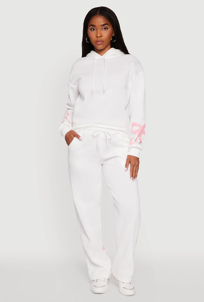 Womens Bow Graphic Drawstring Waist Sweatpants, White, Size L