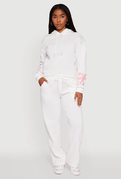 Womens Bow Graphic Drawstring Waist Sweatpants, White, Size L
