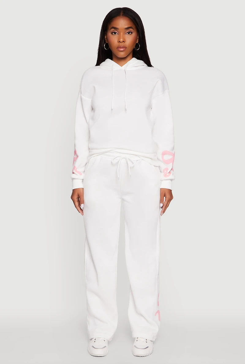 Womens Bow Graphic Drawstring Waist Sweatpants, White, Size L