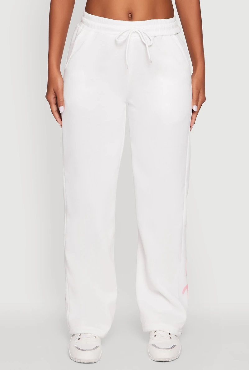 Womens Bow Graphic Drawstring Waist Sweatpants, White, Size L