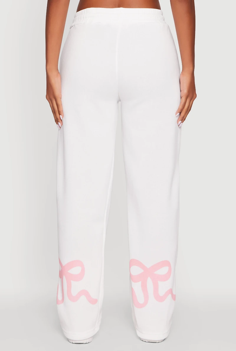 Womens Bow Graphic Drawstring Waist Sweatpants, White, Size L