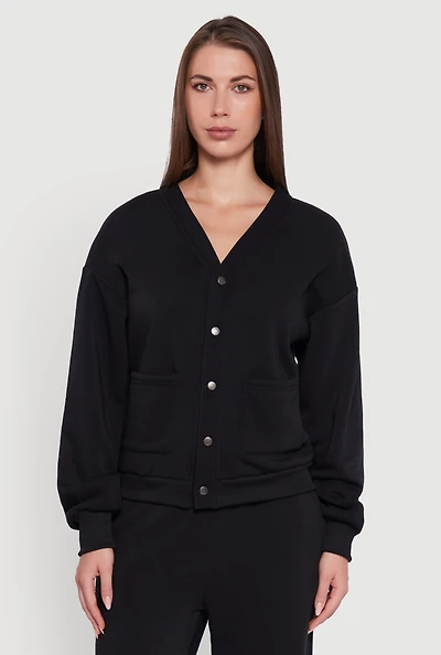 Womens Oversized Fleece Lined V-Neck Button Front Cardigan, Black, Size S