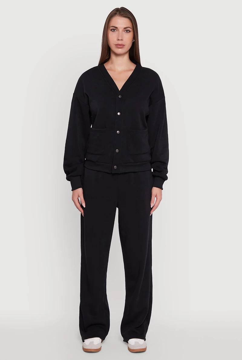 Womens Oversized Fleece Lined V-Neck Button Front Cardigan, Black, Size S