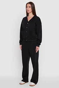 Womens Oversized Fleece Lined V-Neck Button Front Cardigan, Black, Size S