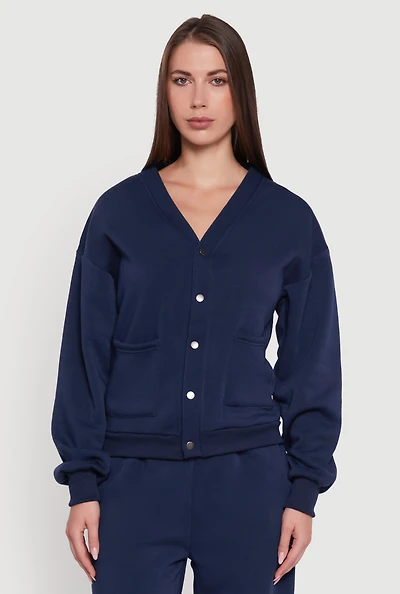 Womens Oversized Fleece Lined V-Neck Button Front Cardigan,