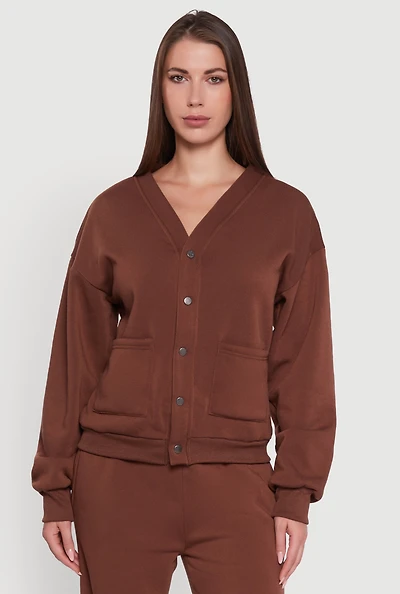 Womens Oversized Fleece Lined V-Neck Button Front Cardigan, M
