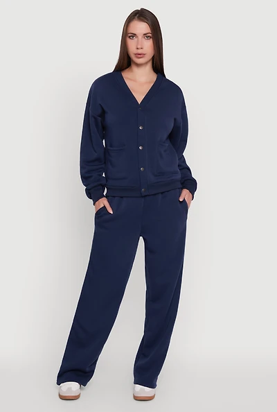Womens Fleece Lined Drawstring Waist Wide Leg Pants, Blue, Size XL