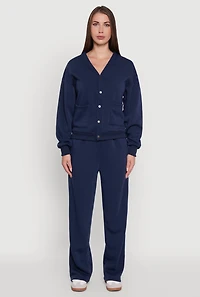 Womens Fleece Lined Drawstring Waist Wide Leg Pants, Blue, Size XL